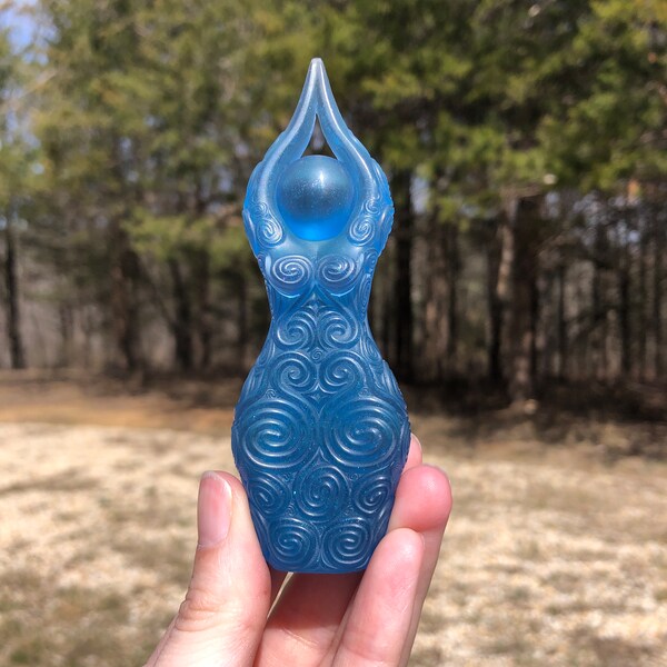 Ease Newgrange Goddess Statue, Semi-Transparent Deep Blue Shimmer (figurine, sculpture, Brigid's Grove, spiral, priestess)