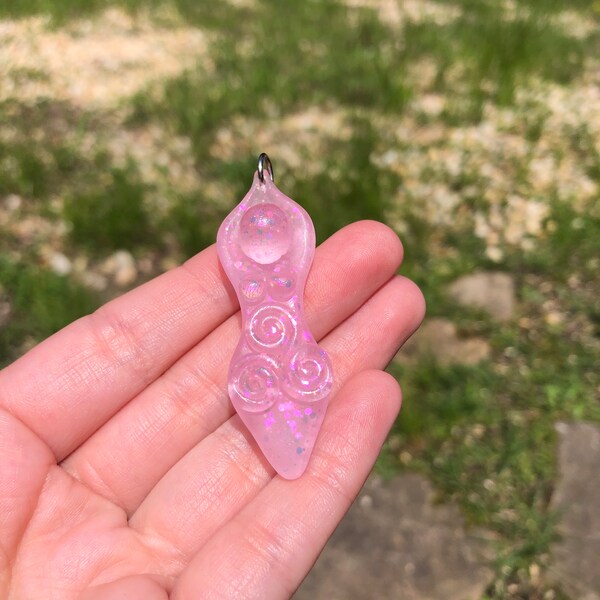 Mini Goddess Brigid Triskele Goddess Pendant, Love Semi-Transparent Pink Glitter Blend (triquetra, spiral goddess, labyrinth, sacred path)