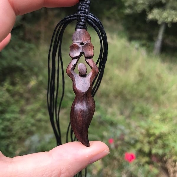 Carved Wooden Goddess Pendant, (moontime, red tent, dark moon, menarche ceremony, maiden, new moon intention)
