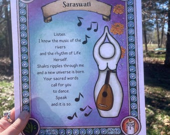 Saraswati Altar Print (Story Goddess Oracle, prayer card, altar card, goddess)