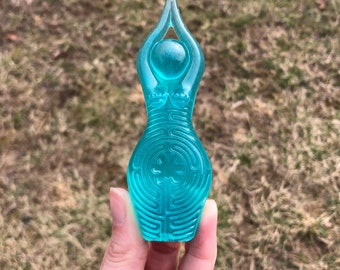 Purpose Labyrinth Goddess Sacred Path Statue - Semi-Transparent Teal Pearl (figurine, Brigid's Grove, story goddess, priestess)