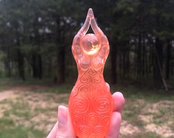 Experimental Color Newgrange Goddess Statue, Trust Semi-Transparent Peach Shimmer with Iridescent Stars (Brigid's Grove, goddess)