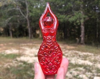 Scarlet Moon - Devi Goddess Statue - Semi-Transparent Red with Moon and Twinkle Glitter (winter solstice, yule, holiday)