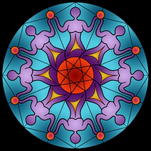 May include: A circular mandala design with a purple, orange and red centre. Eight figures are arranged around the centre, each holding a red orb. The figures are purple and have a yellow outline. The background is blue.
