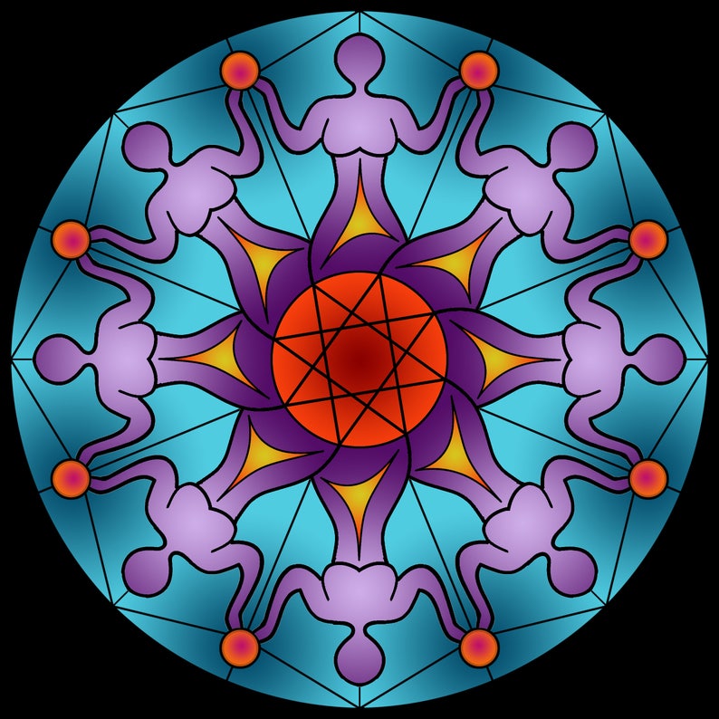May include: A circular mandala design with a purple, orange and red centre. Eight figures are arranged around the centre, each holding a red orb. The figures are purple and have a yellow outline. The background is blue.