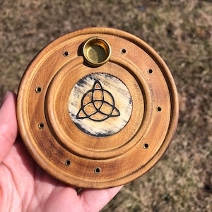 DIVINE IMPERFECTION: Triquetra Incense Tray - Wooden 4 inches - (altar, incense, goddess, devotional)