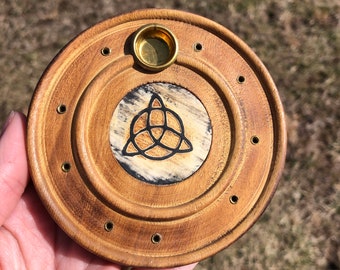 DIVINE IMPERFECTION: Triquetra Incense Tray - Wooden 4 inches - (altar, incense, goddess, devotional)