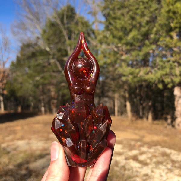 Experimental Color Creatrix Goddess Statue - Semi-Transparent Pomegranate with Flake Sparkle (priestess, ice, crystal, shard, star)