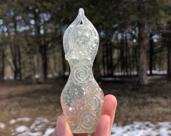 Experimental Color Spiral Priestess Story Goddess Sculpture - Semi-Transparent Clear with Silver Moon and Star Glitter (figurine)