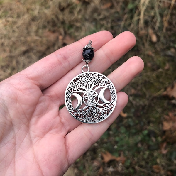 Triple Moon Tree Of Life Pentacle Pendant - Silver-Tone (priestess, wiccan, pagan, ceremony, goddess, necklace, charm)