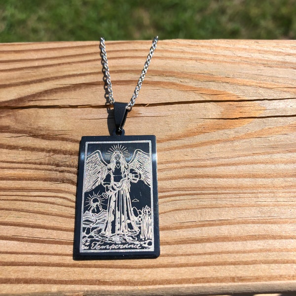 Tarot Pendant - Temperance - Gunmetal Finish Stainless Steel (priestess, wiccan, pagan, ceremony, goddess, necklace, charm, tarot)