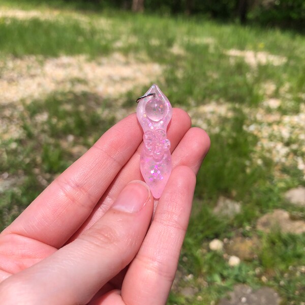 Mini Goddess Flower Maiden Pendant Charm, Love Semi-Transparent Pink Glitter Blend (sacred feminine, moontime, girlhood)