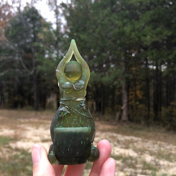 Cauldron Goddess Statue - Bog Water - semi-transparent brown/green with green glitter (statue, witch, wiccan, Samhain, goddess, wisdom)