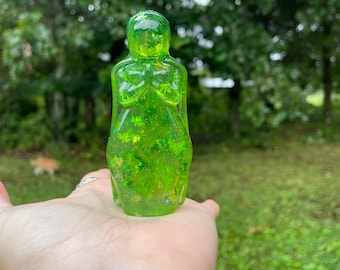 Summer Meadow Cloaked Goddess Statue, Semi Transparent Green Shimmer with Leaves (Lammas, summer, figurine)