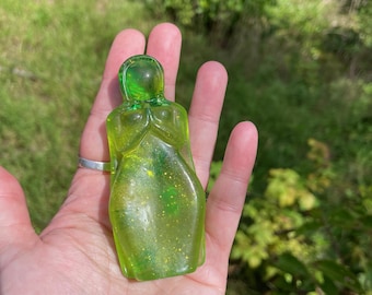 Experimental Color Cloaked Goddess Statue, Transparent Green with palm trees (statue, crone, cloak, robe, wrap) #C53