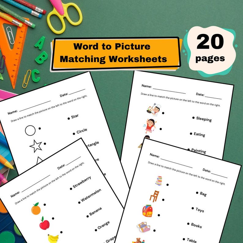 Word to Picture Matching Worksheets, Educational Printables, Kids ...