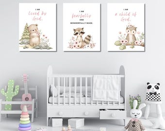 May include: Three framed art prints with watercolor illustrations of woodland animals and floral accents. Each print has a different message: "I AM loved by God," "I AM fearfully and wonderfully made," and "I AM a child of God."