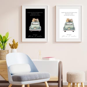 May include: Two framed art prints. One features a light green car carrying luggage on a black background, the other on a white background. Both prints have the text "I heard the voice of the Lord saying, Whom shall I send, and who will go for us? Then said I, Here am I, send me."