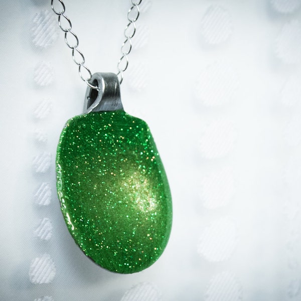 Peridot Pendant. Hand Painted. Glitter, Lime Green, Resin, Upcycled Spoon. Handmade by elegantgirl on Etsy.