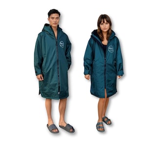 Bata impermeable color verde azulado, bata de baño con forro polar sherpa para natación en aguas bravas, parka de surf a prueba de viento y abrigo de inmersión para agua fría.