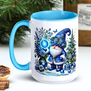 Blue Christmas Gnome Santa Coffee Mug, 11oz 15oz, Holiday Gift, Color Handle, Hot Cocoa, Ceramic Tea Winter, Fantasy Cottagecore, Xmas