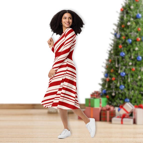 candy cane dress women's QOS Red & White Bow Back Cocktail 100% Polyester Stretch white christmas dresses Women's Candy