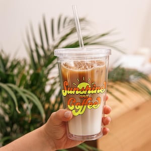 Iced Coffee Latte Acrylic Tumbler, 16oz Cold Cup, Clear Acrylic, Plastic Boho Tumbler, Sunshine and Coffee Tumbler, Cold Drink Lid & Straw