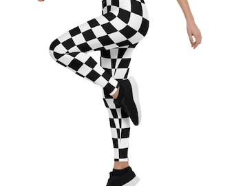 Puede incluir: Leggings a cuadros negros y blancos con cintura alta. Las leggings están hechas de una tela elástica y cómoda, perfectas para hacer ejercicio o hacer recados.