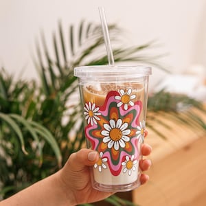 Iced Coffee Latte Acrylic Tumbler, 16oz Cold Cup, Clear Acrylic, Plastic Boho Tumbler, Groovy Retro Flower Tumbler, Cold Drink Lid & Straw