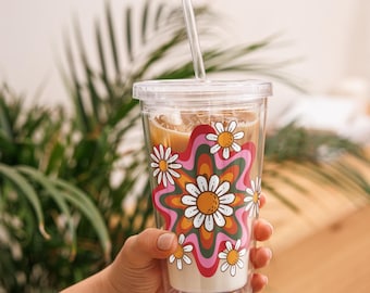 BOHO FLOWER Trendy Acrylic Tumbler | 16oz Cold Cup | Clear Acrylic Tumbler  | Aesthetic Tumbler | Tumbler With Lid and Straw - Etsy