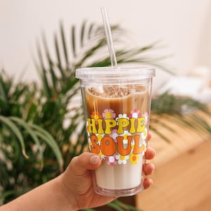 Iced Coffee Latte Acrylic Tumbler, 16oz Cold Cup, Clear Acrylic, Plastic Boho Tumbler, Hippie Soul Tumbler, Cold Drink Lid & Straw, Cold Cup