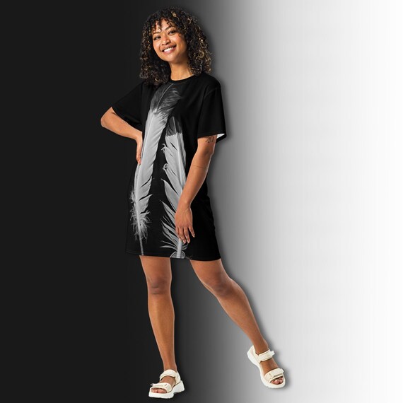 feather t shirt dress Oversized Black Feather T-Shirt Dress: Rave Whimsigoth Tunic