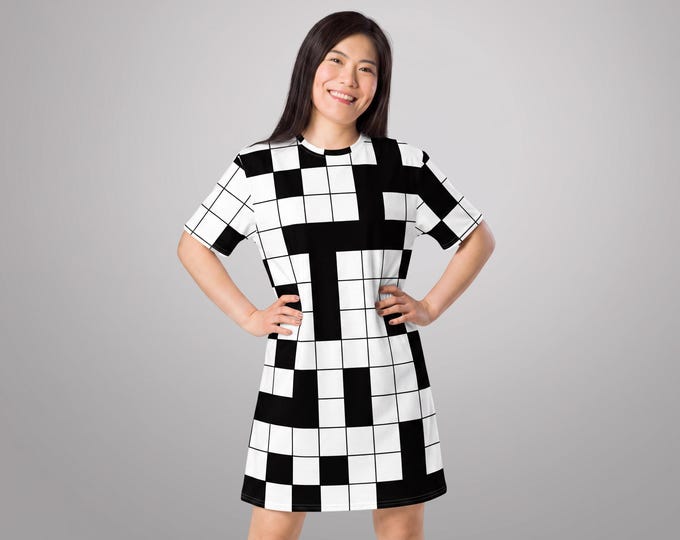 Oversized Crossword T-shirt Dress, 2XS-6X, Tee, Black and White Checkered, Rave Festival Dress, House Night Shirt Dress, Plus Size Tunic