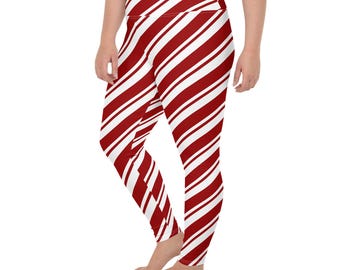 Plus Size Candy Cane Leggings: Christmas Holiday Striped Tights