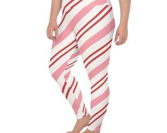Plus Size Candy Cane Striped Leggings, Christmas Holiday Red Pink