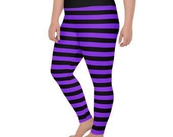 Leggings de rayas moradas y negras de talla grande, mallas de Halloween de cintura alta, temporada espeluznante, disfraz de Whimsigoth, mallas elásticas para mujer