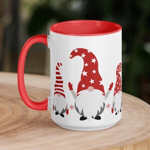 Christmas Gnome Coffee Mug, 11oz 15oz, Funny Holiday Gift Mug, Red Green Black, Color Handle, Ceramic Tea Winter, Microwave Dishwasher Safe
