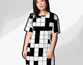 Oversized Crossword T-shirt Dress, 2XS-6X, Tee, Black and White Checkered, Rave Festival Dress, House Night Shirt Dress, Plus Size Tunic Oversized Crossword T-shirt Dress, 2XS-6X, Tee, Black and White Checkered, Rave Festival Dress, House Night Shirt Dress, Plus Size Tunic