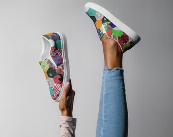 Handmade Women’s Boho Patchwork Slip-On Canvas Shoes, Canvas Casual Shoes, White Soles, No Lace Sneakers, Quilt Print, Quilt Simulated