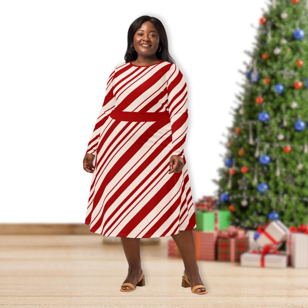 peppermint jersey dress Candy Cane Long Sleeve Midi W Pockets, Christmas Red White Swirl, Knit Fitted Waist, Flared Bottom Plus Size SANGEETOUTFIT