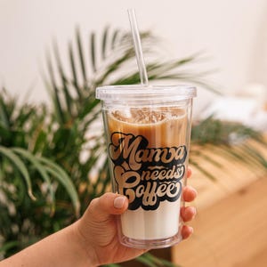 Iced Coffee Latte Acrylic Tumbler, 16oz Cold Cup, Clear Acrylic, Plastic Boho Tumbler, Tumbler for Moms, Cold Drink Lid Straw, Mother&#39;s Day