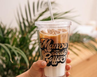 Iced Coffee Latte Acrylic Tumbler, 16oz Cold Cup, Clear Acrylic, Plastic Boho Tumbler, Tumbler for Moms, Cold Drink Lid Straw, Mother's Day