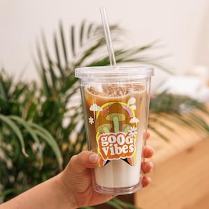 Iced Coffee Latte Acrylic Tumbler, 16oz Cold Cup, Clear Acrylic, Plastic Boho Tumbler Cup, Retro Mushroom Tumbler, Cold Drink Lid & Straw