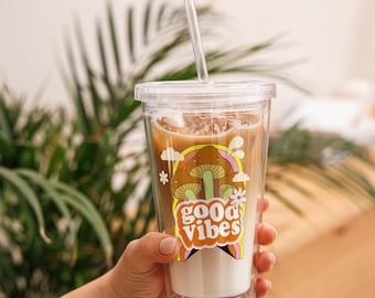 Iced Coffee Latte Acrylic Tumbler, 16oz Cold Cup, Clear Acrylic, Plastic Boho Tumbler Cup, Retro Mushroom Tumbler, Cold Drink Lid & Straw