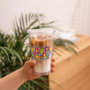 Iced Coffee Latte Acrylic Tumbler, 16oz Cold Cup, Clear Acrylic, Plastic Boho Tumbler, Colorful Floral Peace Tumbler, Cold Drink Lid & Straw