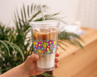 Iced Coffee Latte Acrylic Tumbler, 16oz Cold Cup, Clear Acrylic, Plastic Boho Tumbler, Colorful Floral Peace Tumbler, Cold Drink Lid & Straw