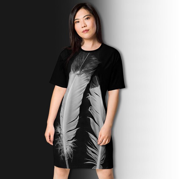 Oversized Black Feather T-Shirt Dress: Rave Whimsigoth Tunic Oversized Black Feather T-Shirt Dress: Rave Whimsigoth Tunic