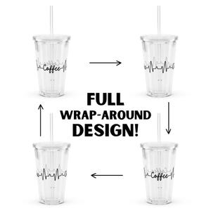 May include: Four clear plastic tumblers with straws, each featuring a black and white EKG line graphic with the words "Coffee" or "Love" printed on the side. The tumblers are shown from different angles to illustrate the full wrap-around design.