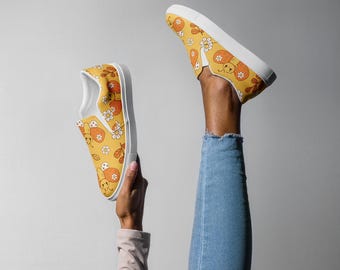 Handmade Women’s Retro Butterfly Slip-On Canvas Shoes, Yellow & Orange Butterflies, Canvas Casual Shoes, White Soles, No Lace Sneakers