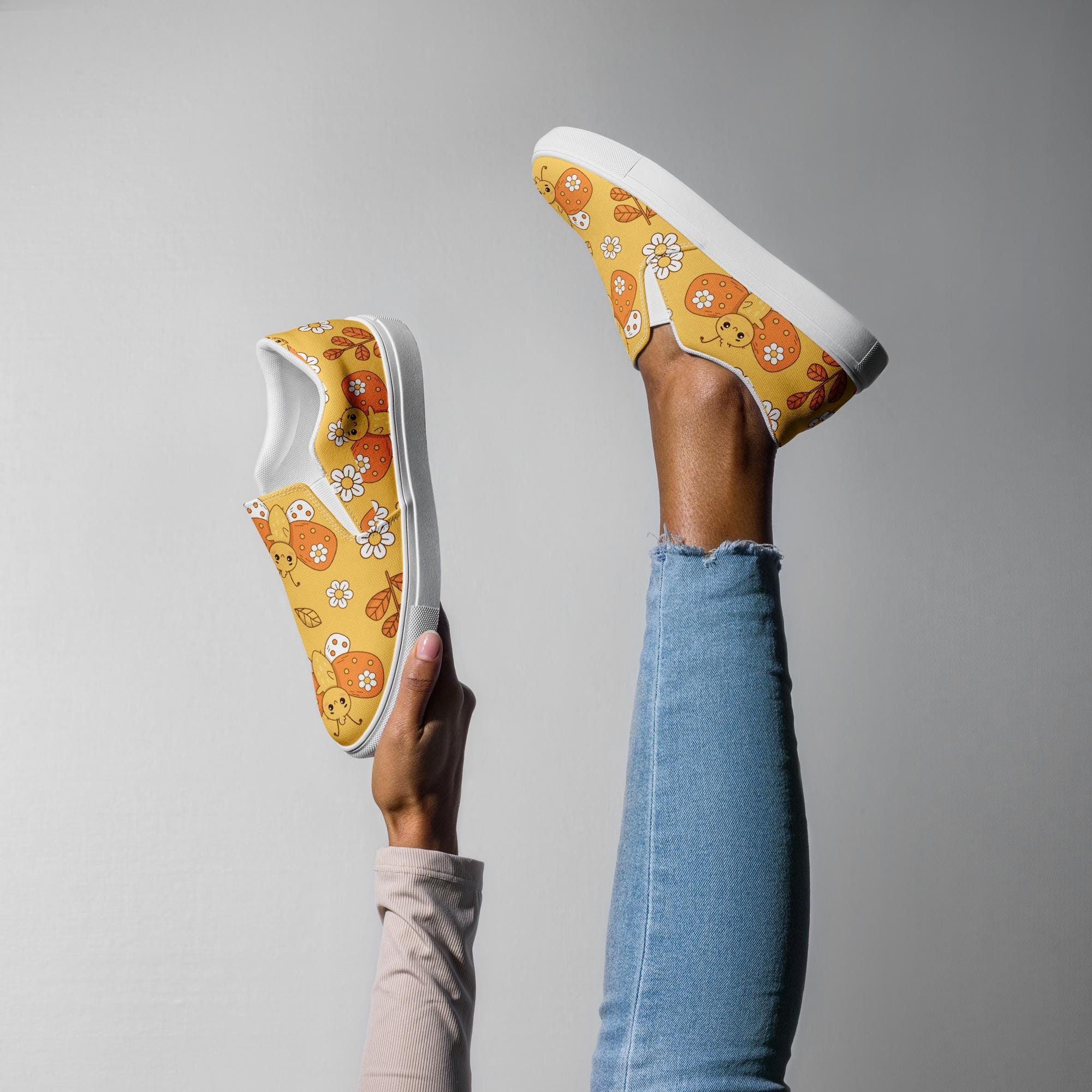 Handmade Women's Retro Butterfly Slip-On Canvas Shoes, Yellow & Orange Butterflies, Canvas Casual Shoes, White Soles, No Lace Sneakers